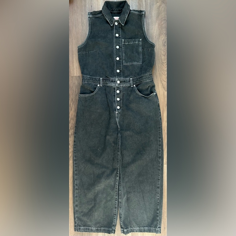 Levi's Women Standard Fit Front Buttons Sleeveless Denim Jumpsuit Black Sz L